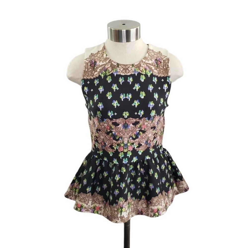 Topshop Women's Black Floral Multicolor Sleeveless Peplum Top US Size 4/UK 8